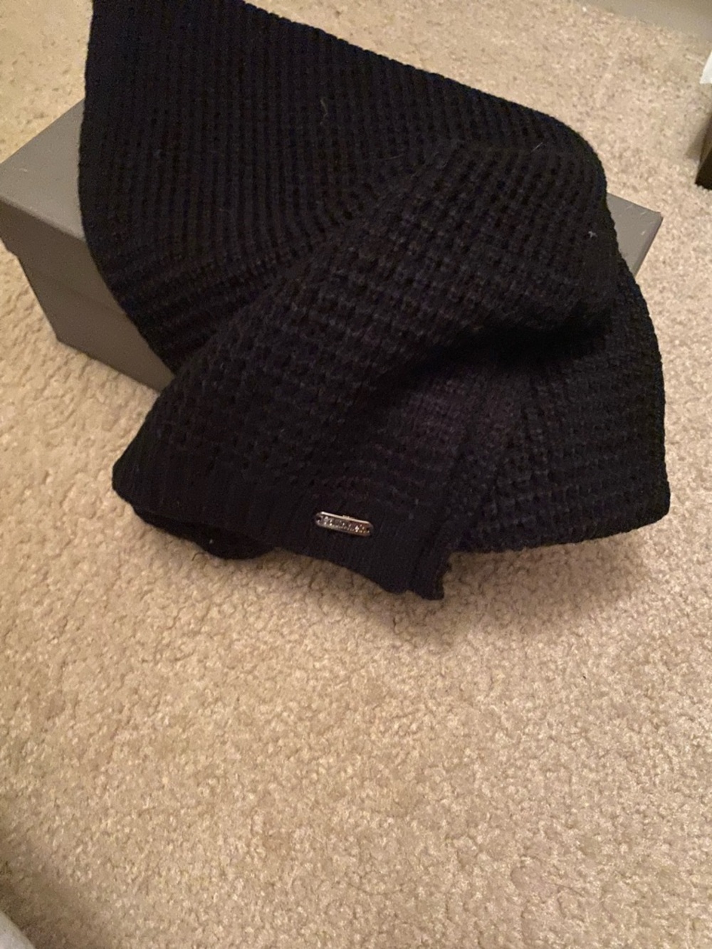 Calvin Klein Black Waffle Knit Scarf with Logo Plaque